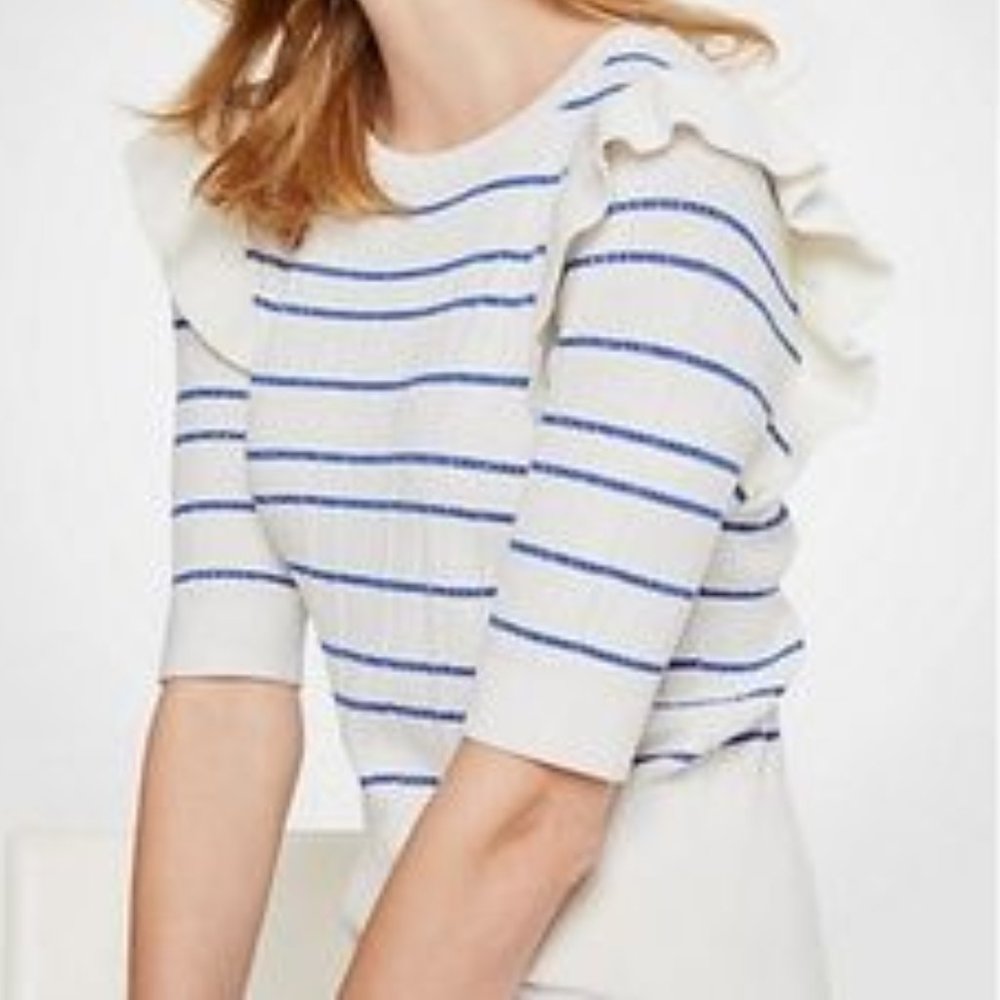 ANN TAYLOR Striped Sweater with Ruffle Shoulder